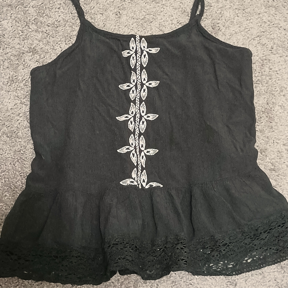 Baby Doll Camisole Tank Top - Dark Grey with White Embroidery Size Small